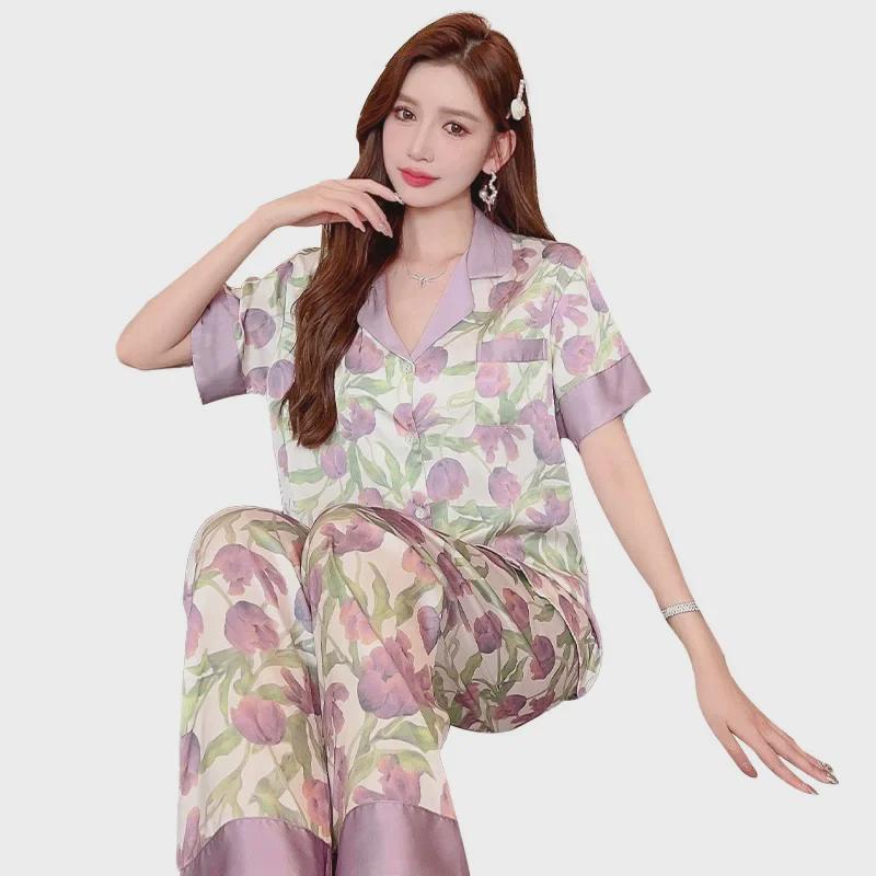 Women's Summer Short-Sleeve Ice Silk Pajamas In Purple Tulip Style