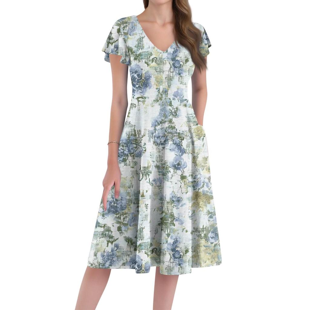 A Casual And Fashionable V-Neck Short-Sleeved Medium-Length Dress With Floral Prints For Women