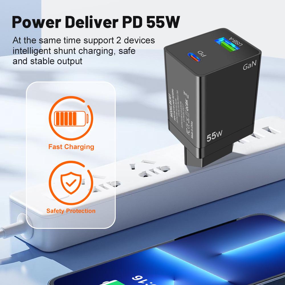 55W GaN PD Fast Charger - EU/US/UK Plug Adapter for Phones & Computers
