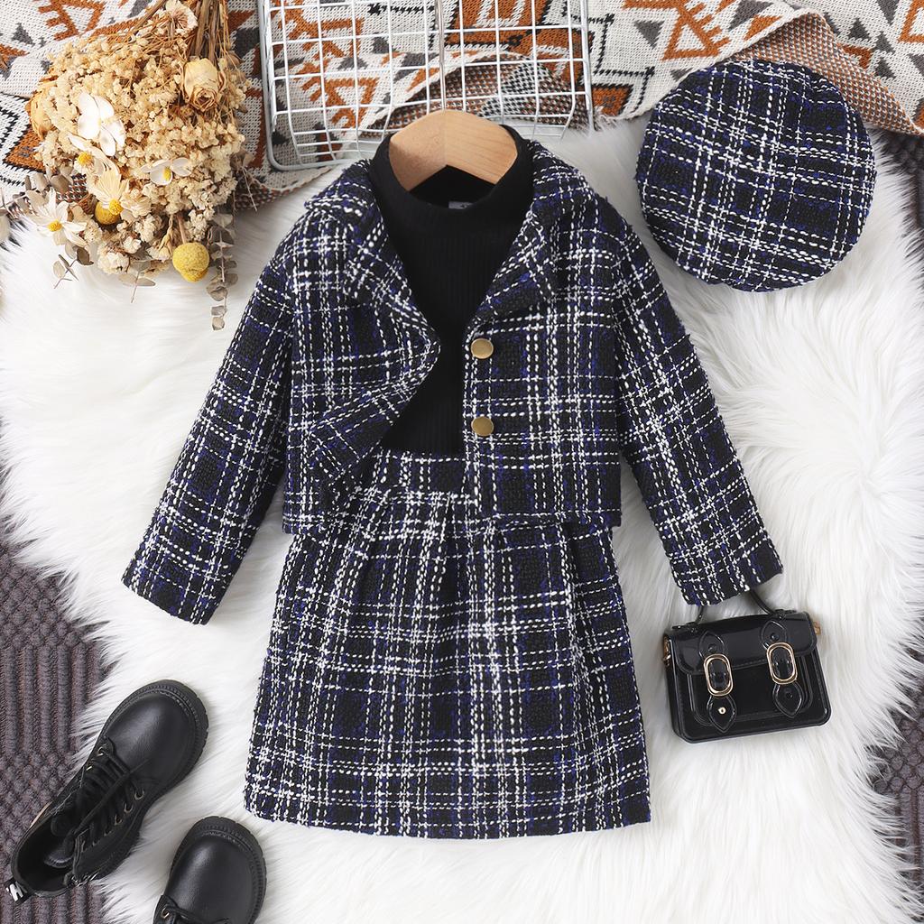 Girls Fashion Suit Autumn and Winter Children's Casual Coat Turtleneck Top Plaid Skirt Hat Suit