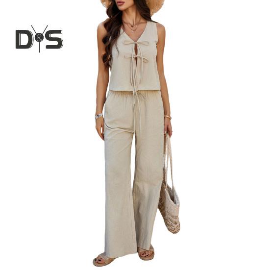 

Женский летний комплект из 2 предметов: жилет без рукавов с завязкой спереди, топ и широкие брюки, повседневный костюм для отдыха дома, вечеринки, офиса S абрикосовый