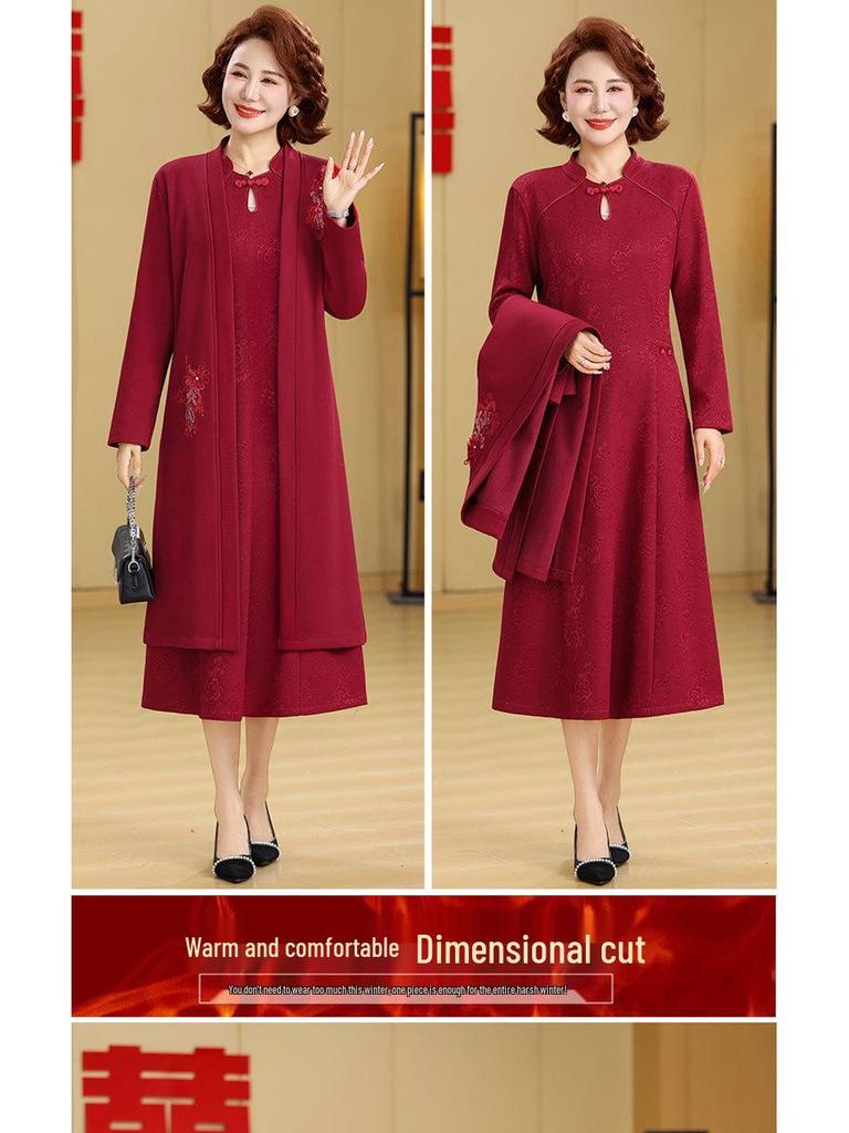 Winter Mother-in-law Wedding Outfit 2025: Velvet-Enhanced Dress Suit for Middle-Aged & Elderly Mothers.