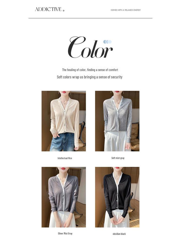 2025 Spring/Summer Colorblock V-Neck Fine-Knit Cardigan – Long Sleeve, Loose Fit, Versatile Two-Piece Top