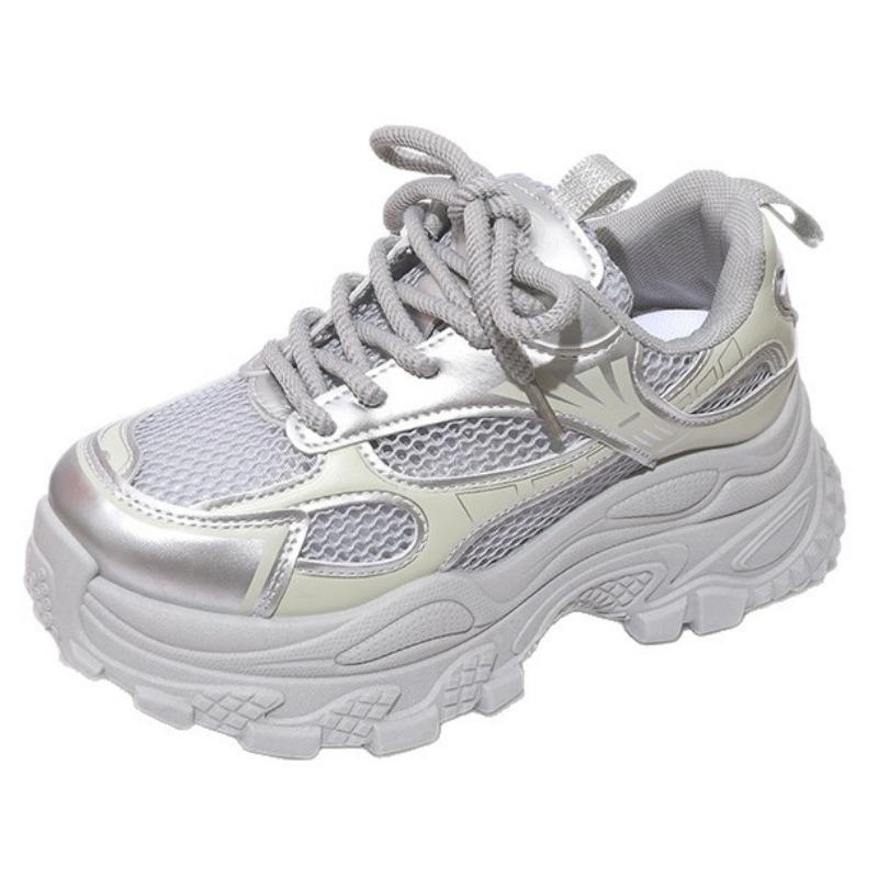 Thick-soled Silver Dad Shoes Women's Summer New Fried Street Versatile Breathable Mesh Heightening Lightweight Sports Shoes Tide