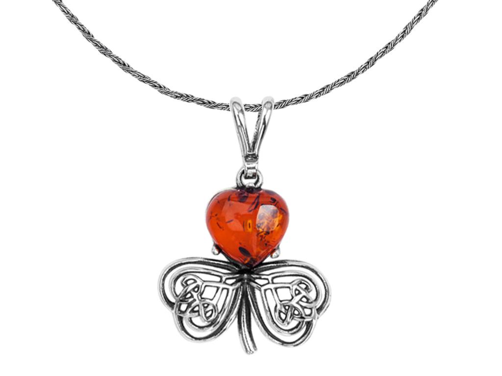 Long Silver Openwork Women' Necklace Clover with Amber Silver 50cm