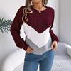 Women's Autumn/Winter Sweatshirt-Style Casual Colour-Block Cable-Knit Bell-Sleeve Pullover Loose-Fit Knitted Top for Ladies
