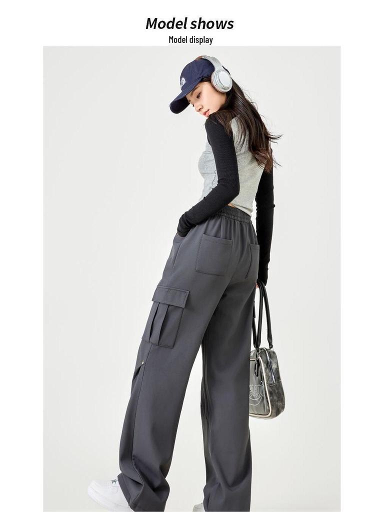 Damen Hochwertige Lässige Cargohose: Herbst/Winter-Stil, mit Plüschfutter, lockere Passform, gerades Bein, mehrere Taschen, Kordelzug, Polyester.