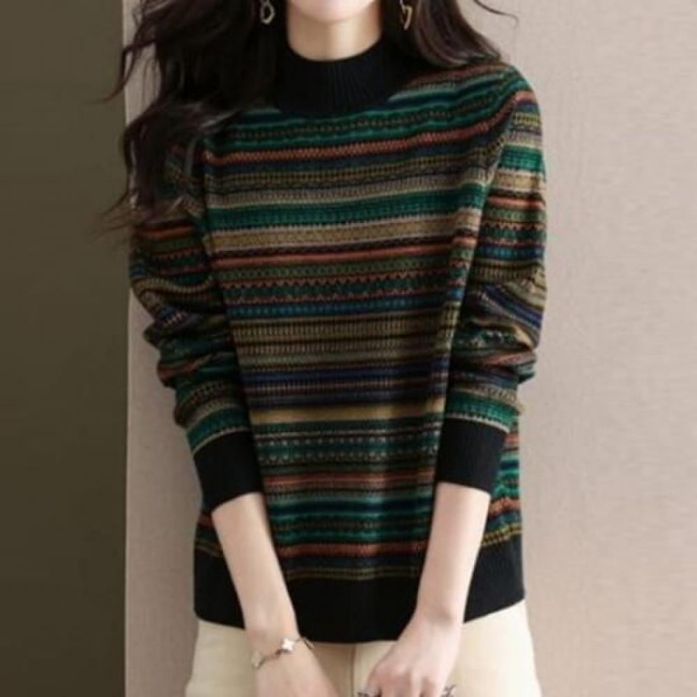 Navava Nk3239 Retro Jacquard Pattern Long Sleeve Half Polo Knit Tee