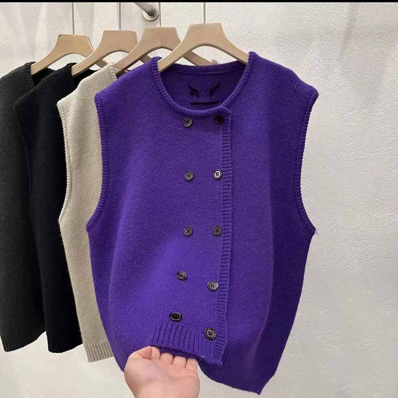 Vest for kvinner Bomull Vinter Ermeløse topper Strikket genser vest Fortykket Dobbelt rad med knapper Casual V-hals vest