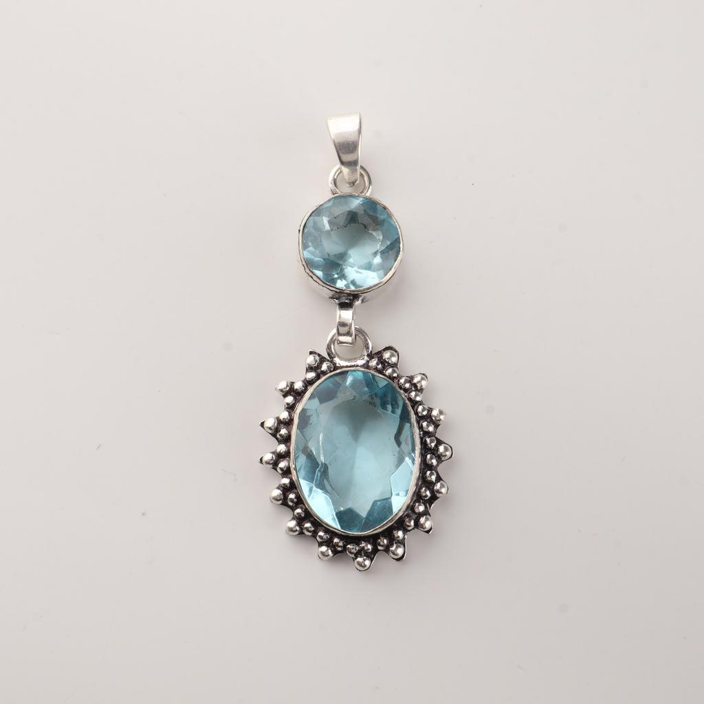 Sky Blue Topaz Gemstone 925 Sterling Silver Handmade Bohemian Pendant 1.7" Partywear Jewelry For Gift VPP-4-14