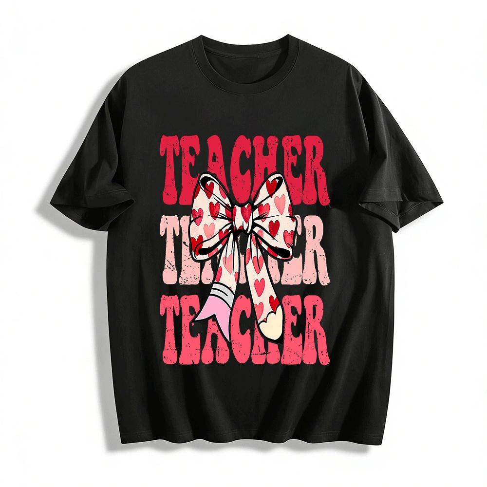 

Valentine Heart Bow Teacher Graphic Casual Top Pure cotton T-shirt XXS