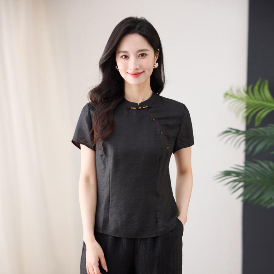 

Женская блузка с коротким рукавом большого размера из шелковой пряжи «ароматное облако», ретро-темперамент, топ из шелка-тутового шелкопряда XXXL