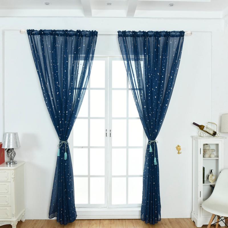 Silver Pressed Star Embroidered Curtain with Rod Light Transmission Tulle Curtains for Living Room Bedroom Kitchen Kids Baby Room Door Window 1PC
