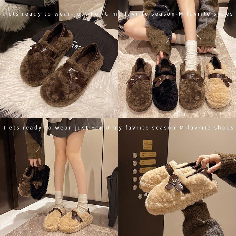 Warm beanie shoes wool shoes women's cotton shoes 2025 lamb height increase new winter black one-pedal thick-soled apricot