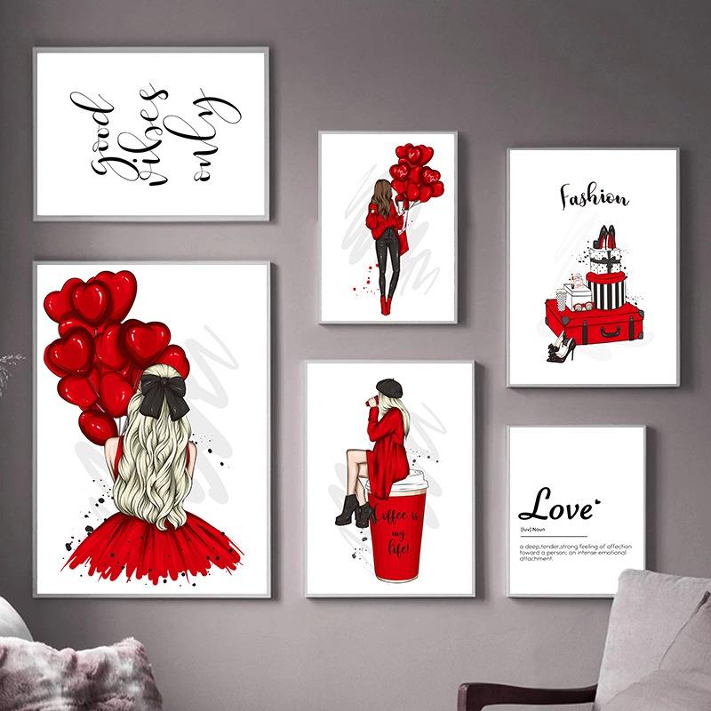 Unframed Nordic Modern Fashion Girl Balloon Print Painting Letter