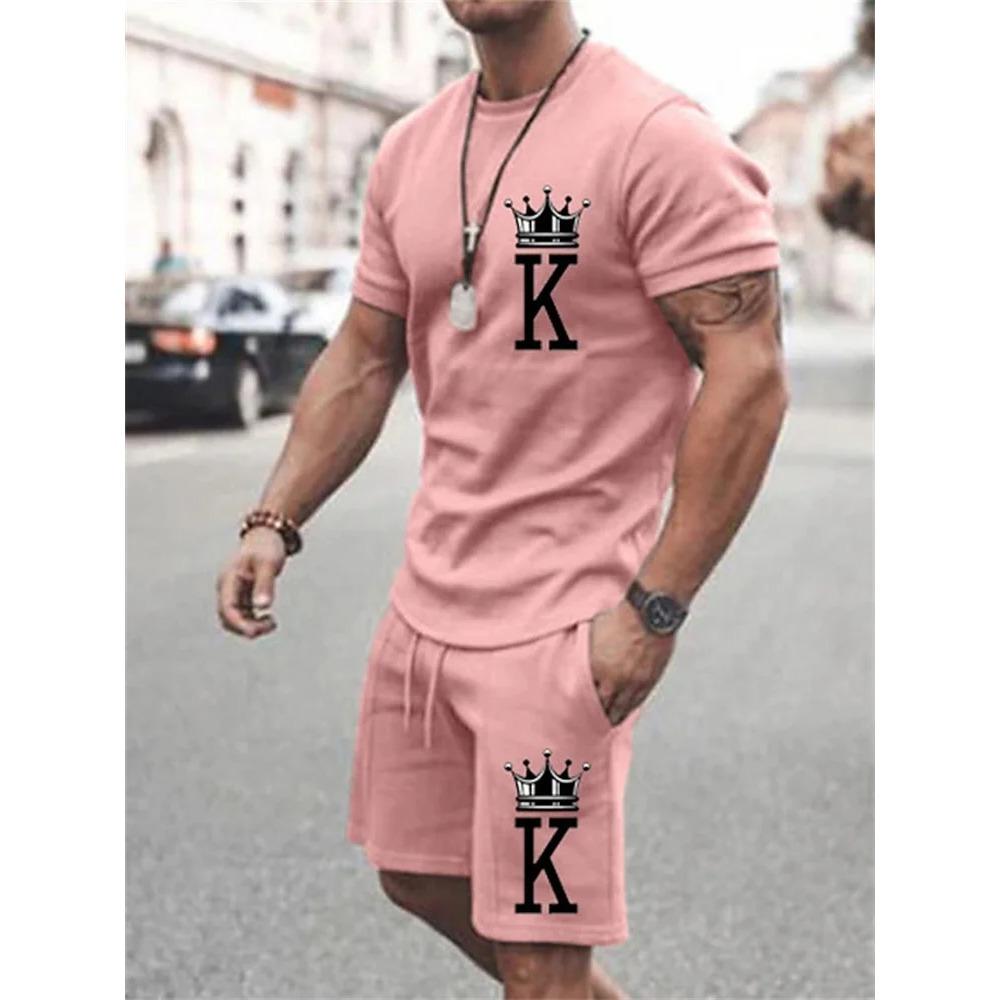 New Summer Men's Casual Suit Oversized Two-Piece Simple Casual Streetwear King Print Beach Suit Men's Comfortable Soft Breathable Shorts Sport Swear