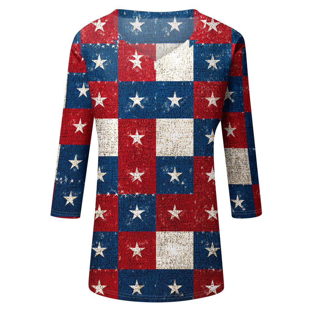 Women's Tops Three-quarter Sleeve Shirt V-neck Loose Casual Shirt Print T-shirt