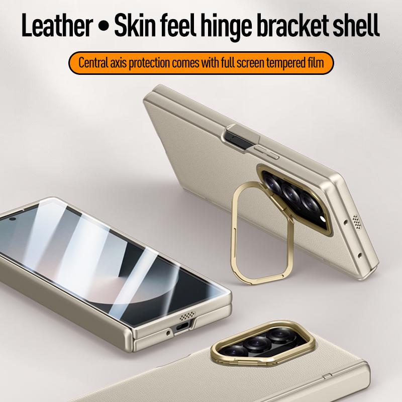 Luxury PU Leather Hard PC Hinge Protection Phone Cover for Samsung Galaxy Z Fold 6 Case with Screen Protector Bracket