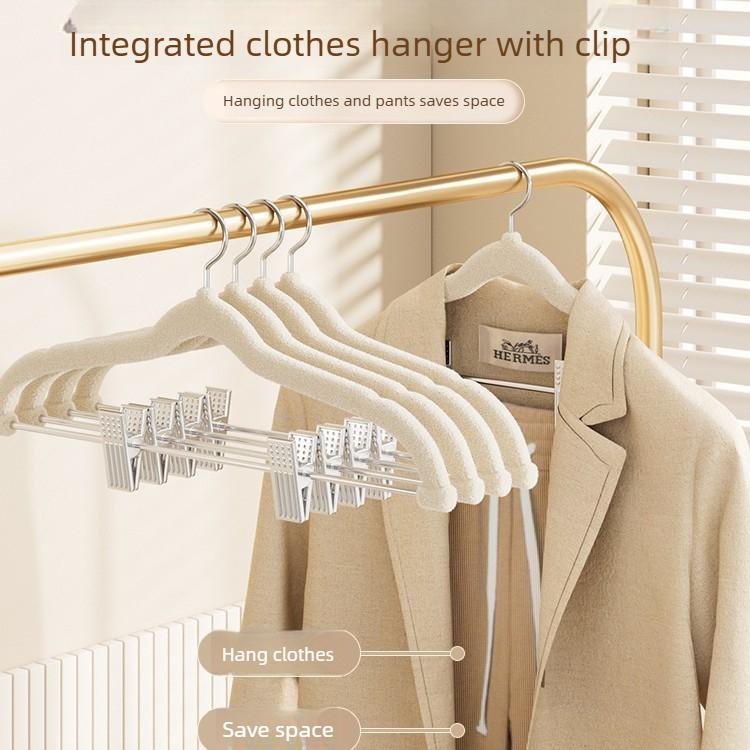 5 pièces Cintres floqués antidérapants pour usage domestique Clips intégrés sans couture Porte-pantalons Porte-vêtements Clip pour pantalon réglable Organisation