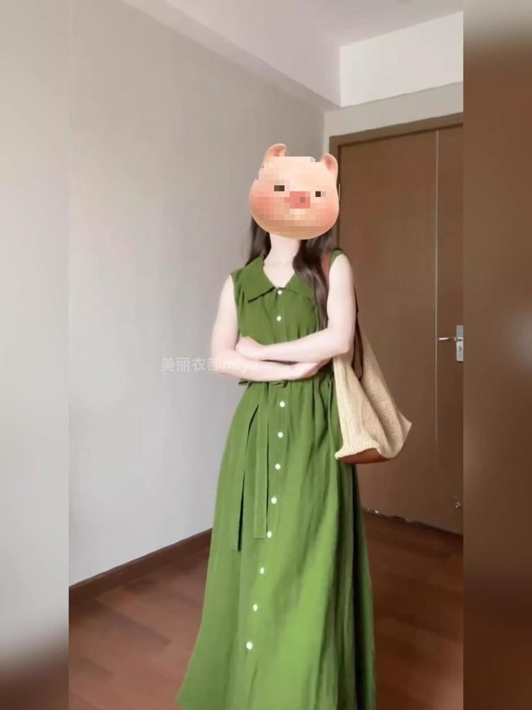 Original practice full-piece ironing French green lapel sleeveless dress women's summer retro temperament single-breasted long dress