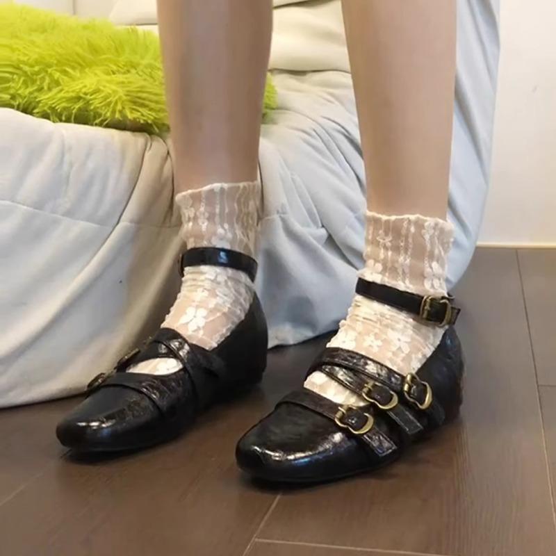 New Retro Inner Height Increase Shallow Mouth Single Shoes Women's Cross Buckle Square Head Versatile Mary Jane Shoes Single Shoes