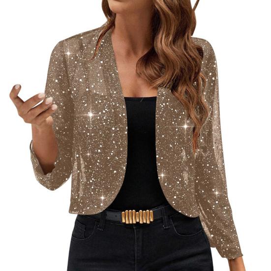 Women Sparkly Cardigan Coat 3/4 Sleeve Open Front Sequin Tops Sexy Golden Bling Coat Casual Holiday Party Outfit