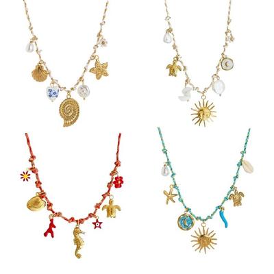 Adjustable Cord Necklace With Alloy Shell Starfish/Sun Moon/Sea Horse Pendant Charm Elegant Festival Accessory Gift