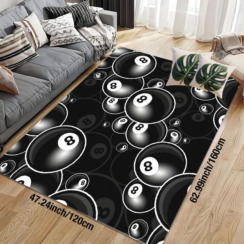 Flannel Printed 8 Ball Rug Black White Design Soft Fleece Floor Mat Living Room Carpet Game Decor Billiards Theme Rugs