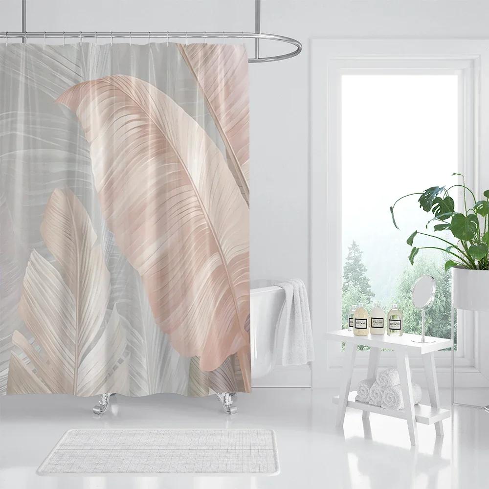 Rose Gold Shower Curtain Pink Gold Tropical Leaves Modern Luxury Bathroom Shower Curtains Fabric Bath Curtain Set With Hooks