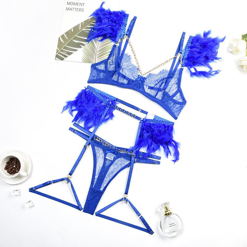 Women Sexy Exotic Set Feather Lace Lingerie Bra Set Elegant See Through Underwear Party Club Micro Bikini Thong Exotic Apparel