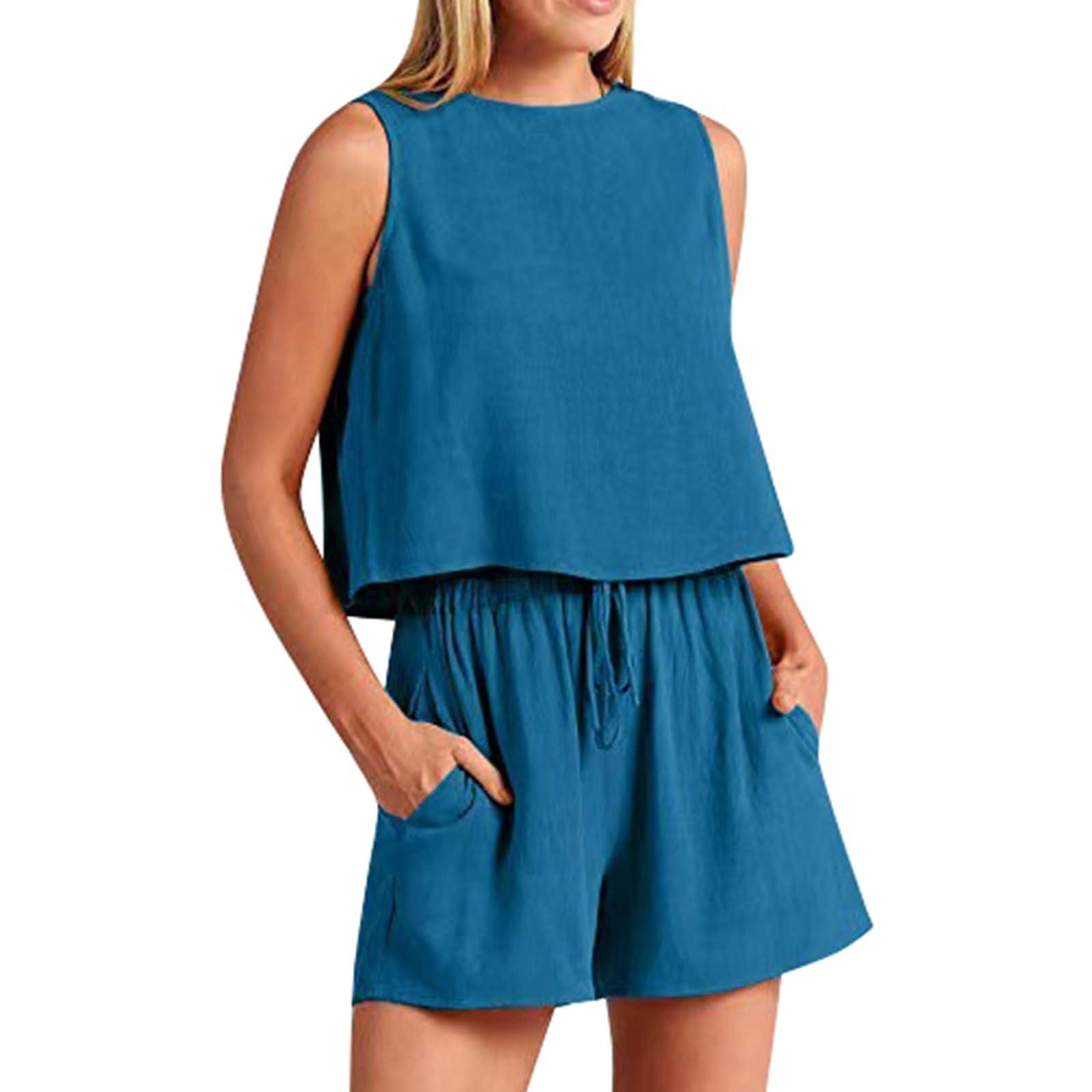 Женский летний льняной костюм из двух предметов без рукавов с круглым вырезом — фото 12