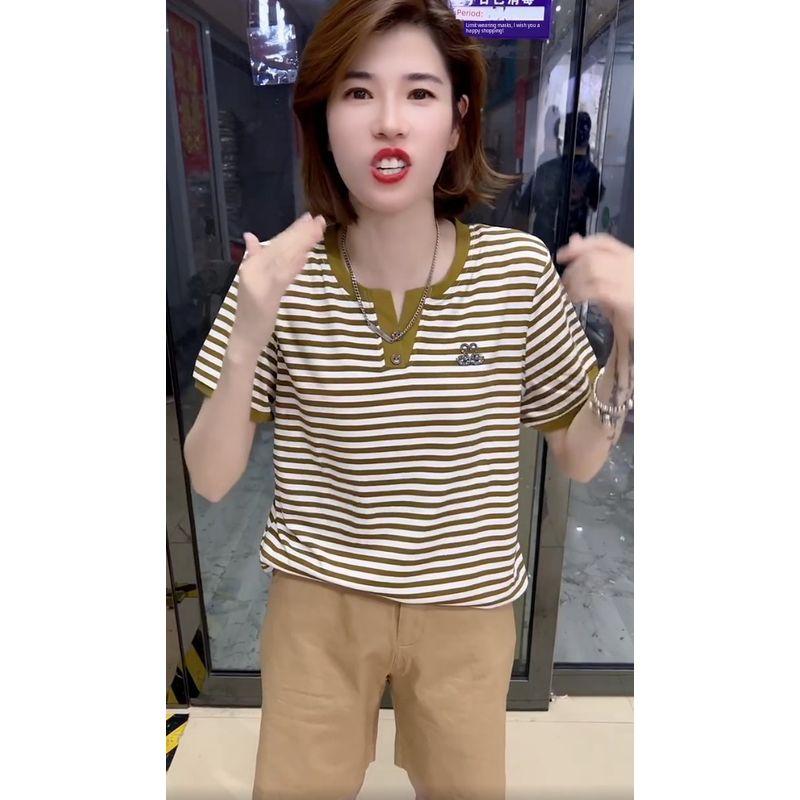 

Summer Clothing New Short Sleeve T-shirt Female Stripes Scissor Collar Stylish Swan Diamond Loose Slim Looking Half-Sleeve T-shirt Top Turmeric Stripes 2XL(80-110)
