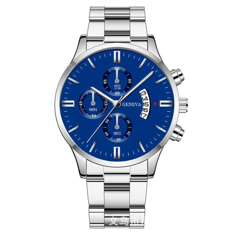 

Мужские стальные кварцевые часы с большим циферблатом и тремя дополнительными циферблатами Blue Dial Silver Needle Silver Case Silver Strap