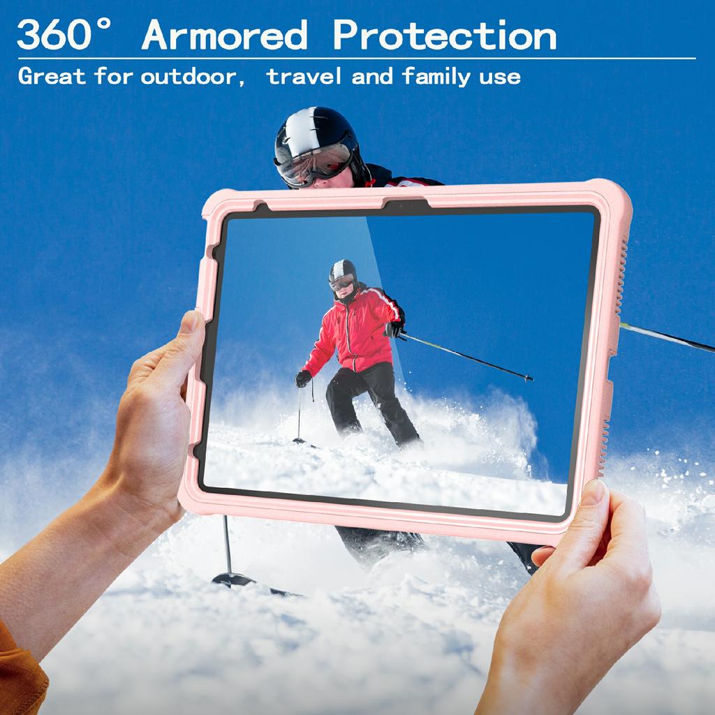 Pro iPad (2025)/10,9 (2022) Pouzdro s opěrkou PC + Silikonový kryt na tablet s ramenním popruhem