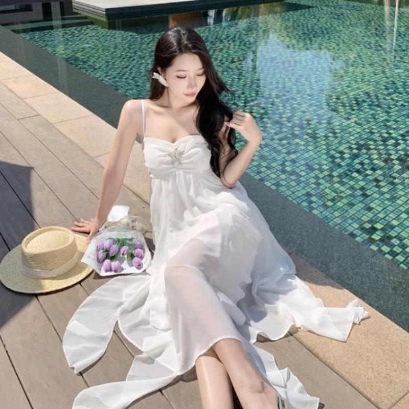 2023 Pure Lust Chiffon Strap Dress Women's Spring Sexy Birthday Dress Fairy Temperament Super Fairy Cake Dress