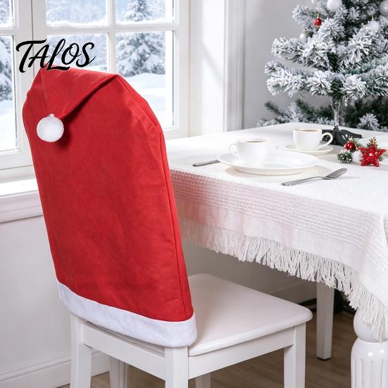 Office Cafe Holiday Chair Decor Christmas Cover, Red Santa Hat Dining Slipcover, Washable Fabric Covers Back Cover with Pom for Xmas Kitchen