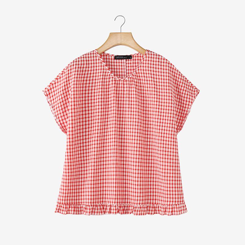 ZANZEA Women Grid Print Casual Round Neck Loose Short Sleeve Blouse