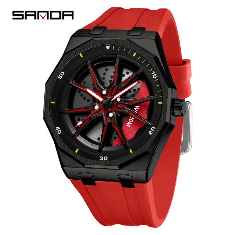 Sanda Men's Waterproof Alloy Car Wheel Design Silicone Wristwatch