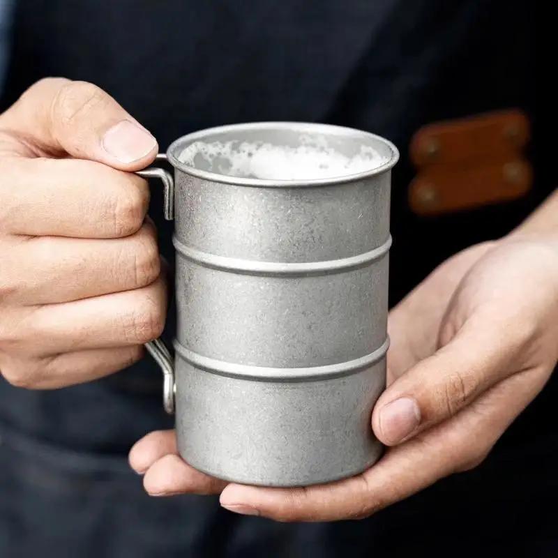 1pc Outdoor Camping Cup, Portable Folding Handle Retro Beer Mug