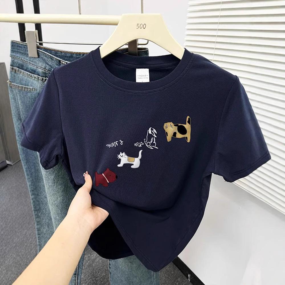 

American retro cartoon fun puppy printing short-sleeved T-shirt women s summer explosion fashion casual pure cotton top tide m (recommended 40-52.5kg ) тёмно-синий