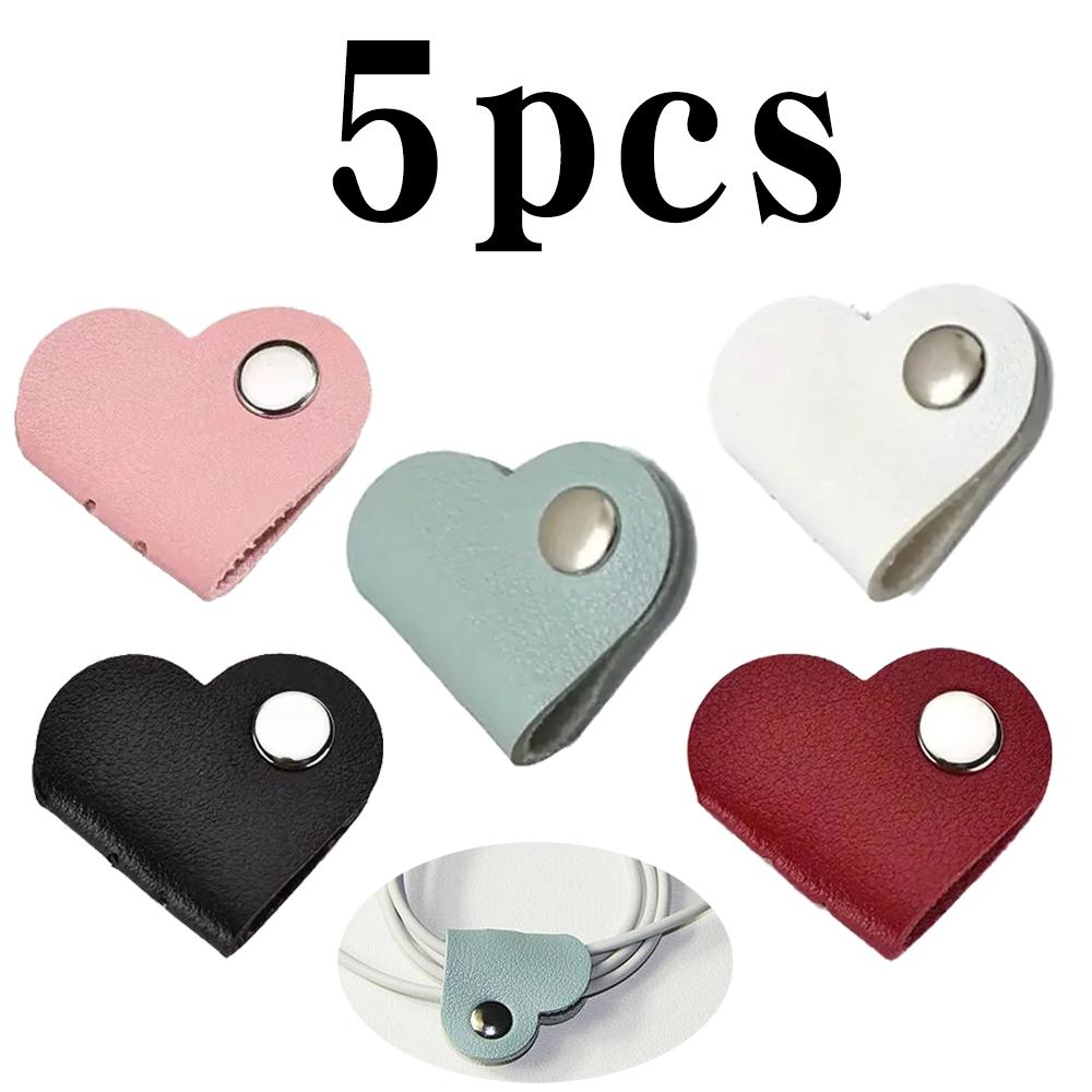 1/3/5pcs Multifunctional Heart-Shaped Faux Leather Cable Cord Winder Organizer Cable Management Clips for Headphones