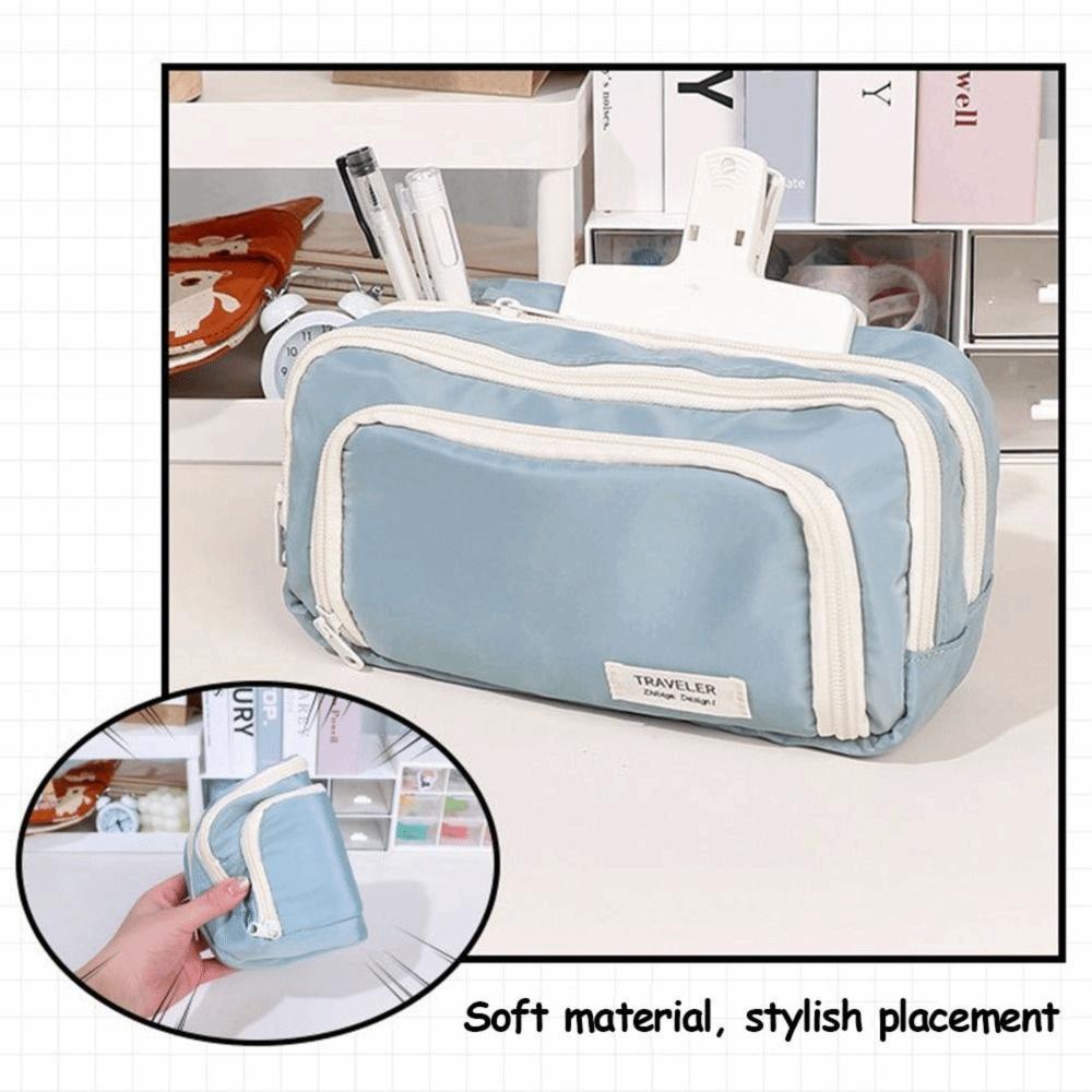 Fashion Large Capacity Pencil Bag Multi-layer Solid Color Pen Pouch Stationery Storage Bag Back To School