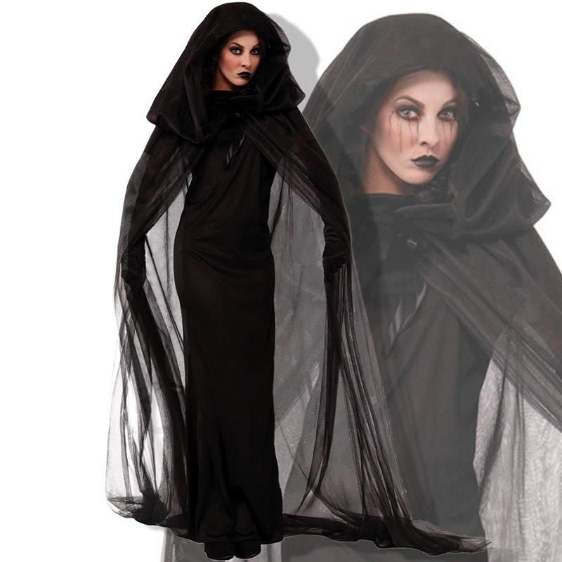Striking Women's Gothic Vampire Dress With Full Length Hood For Halloween Fun