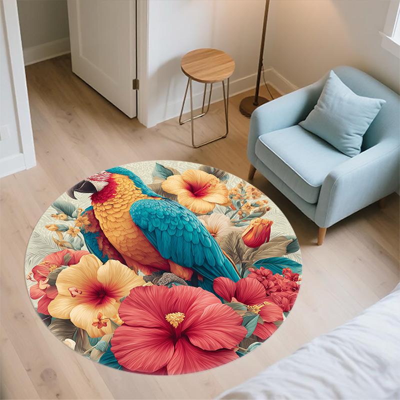 Flower Parrot,Round Area Rug,Carpet Rug for Living Room Bedroom Sofa Playroom Decor,Non-slip Floor Mat