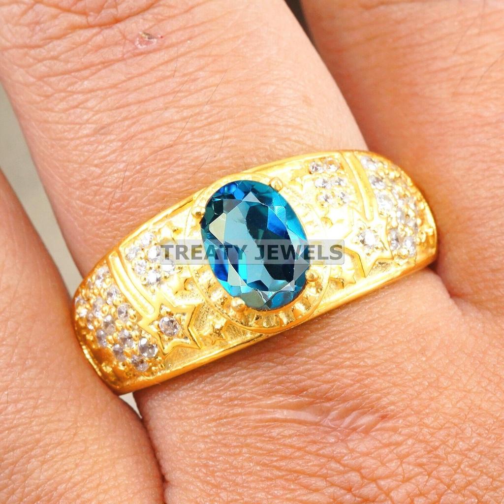 London Blue Topaz Oval With 925 Silver Sterling Gold Plated Ring For Men's #B245 JL375676048112