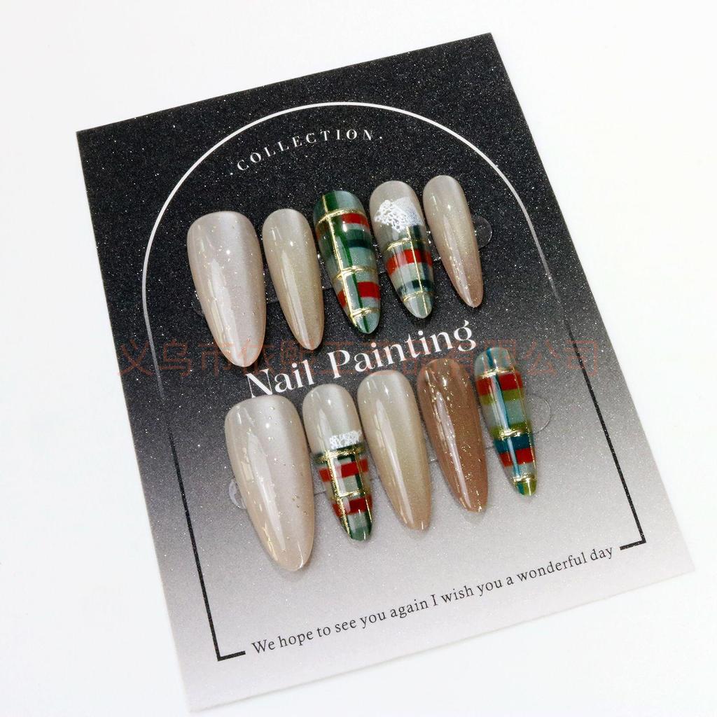 Festive Snowflake Cat Eye Plaid Wearable Nails - Pre-made Nail Tips Set
