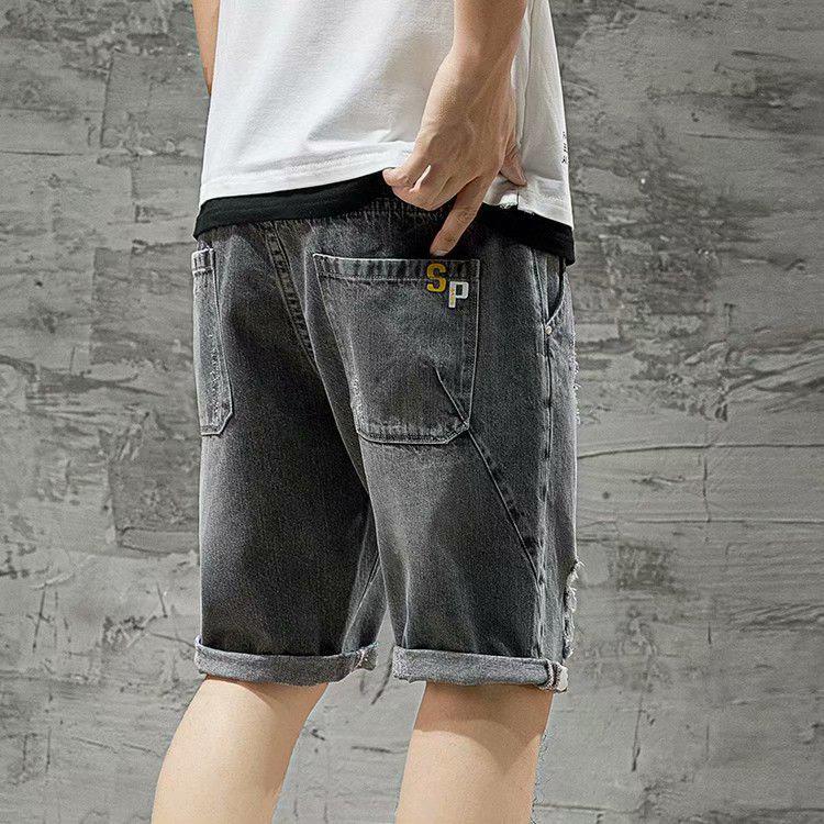 Pánské trendy roztrhané džínové šortky 2007: Elastický pas, Volný střih, Střední délka, Styl pěti bodů.