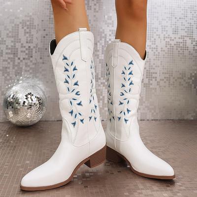 Embroider White Western Boots Women 2024 Chic Slip On Thick Heels Knee High Boots Woman Fashion Pointed Toe Cowgirl Botas Mujer
