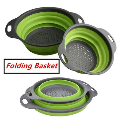 Silicone Food Drain Basket Round Folding Vegetable Fruit Washing Drain Basket Colander Strainer Collapsible Drainer Kitchen Tool