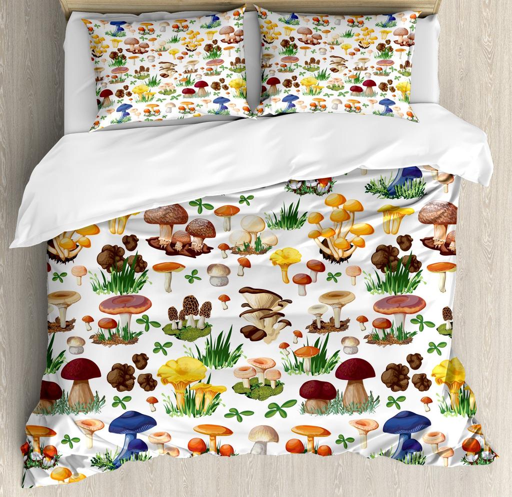 Mushroom Duvet Cover Colorful Gold Pattern Cartoon Plant Beddings for Teen Boys Girls Kids,Queen/King Microfiber Comforter Cover